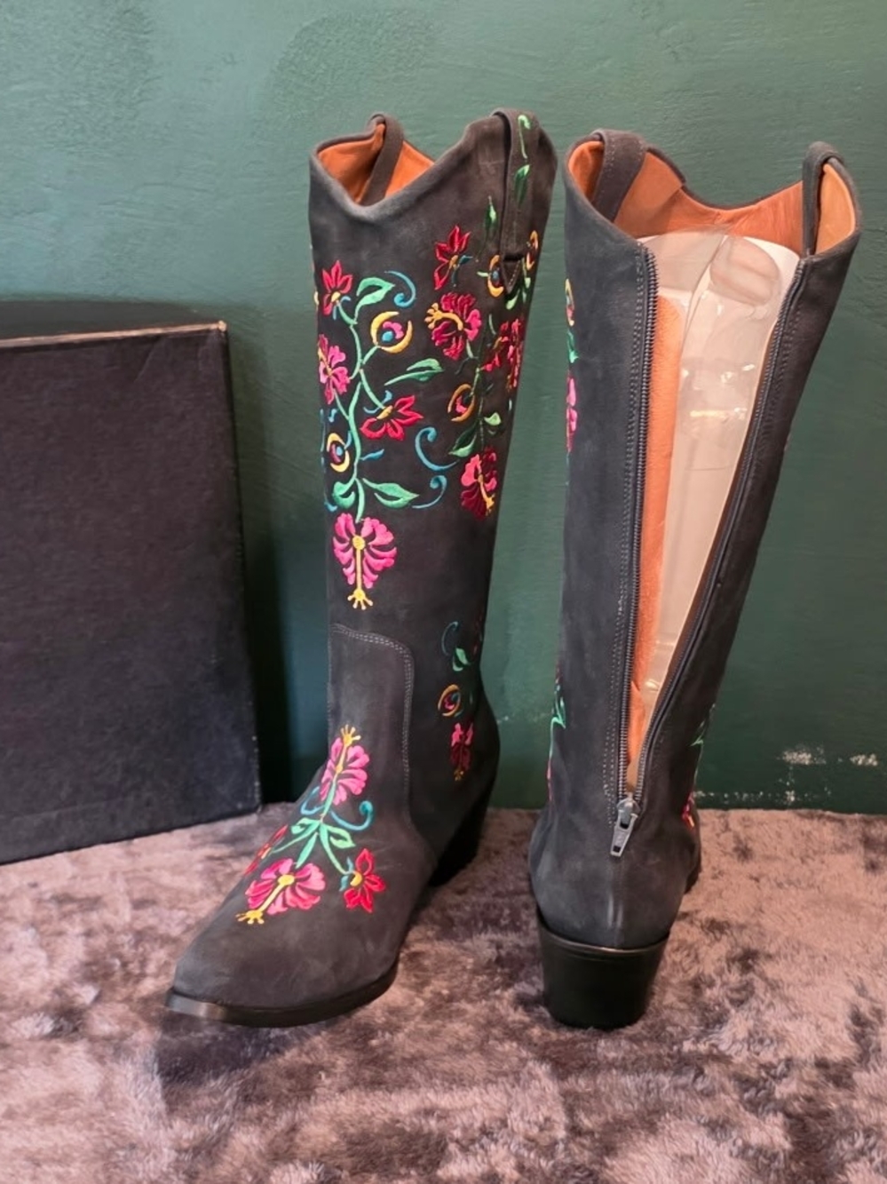 Agave Sky  Suede Knee-High Heeled Boots with Red & Green Floral Embroidery - Picture 2 of 6